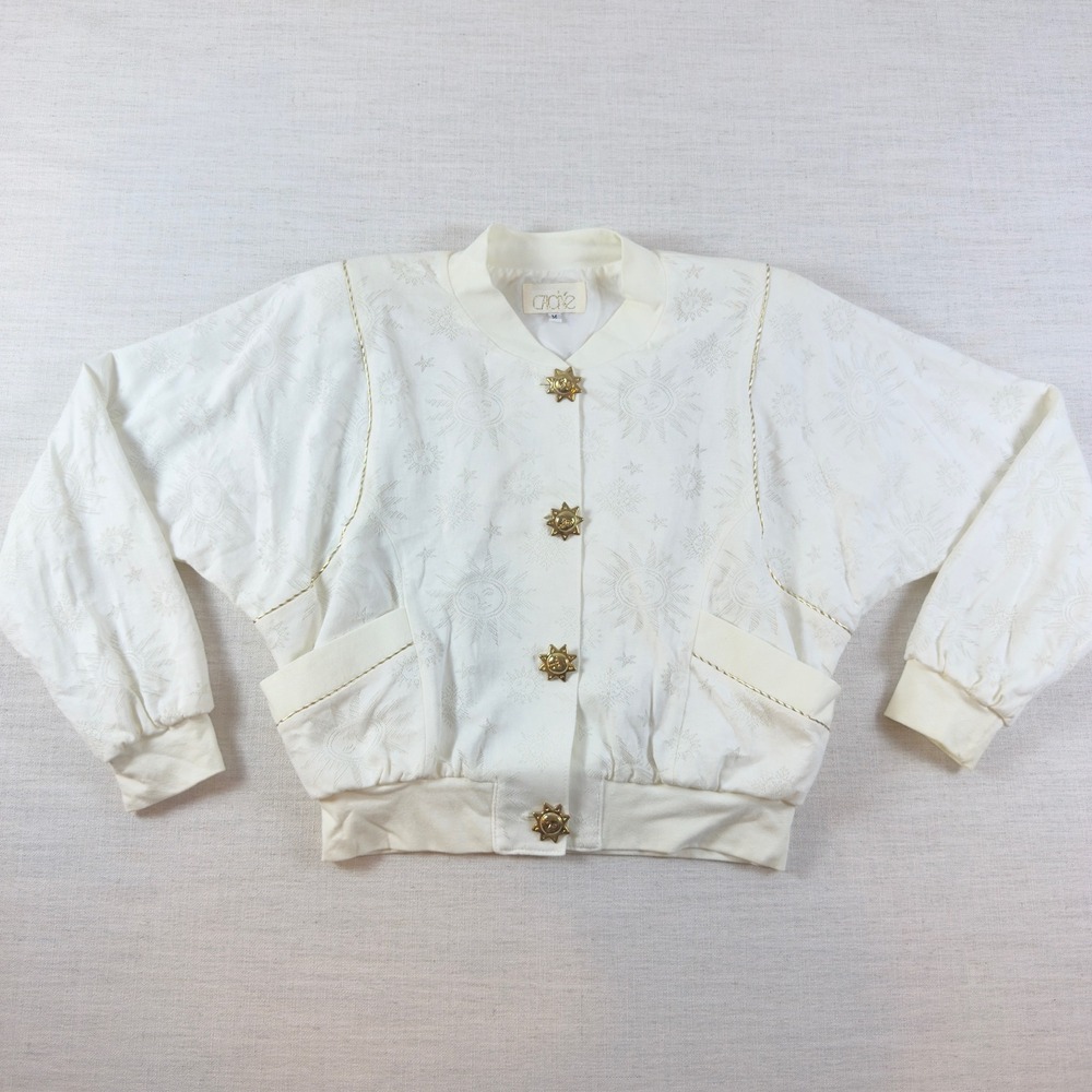 Vintage Cache Celestial Sun Star Jacquard Bomber Jacket White Gold Buttons M